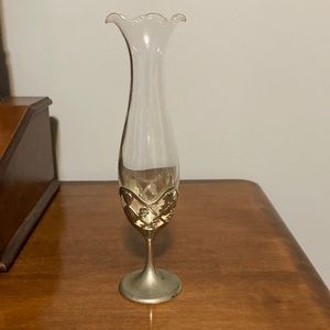 Bud vase, silver base of grape vines Delicate fluted glass vase silver  stem.